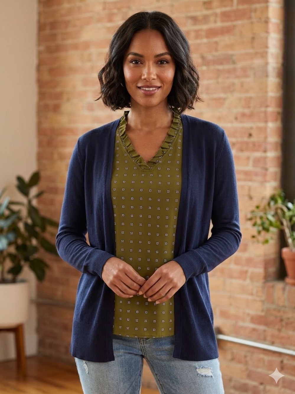 Ann Taylor Factory Olive Green Ruffle V-Neck Sleeveless Top with Navy Cardigan